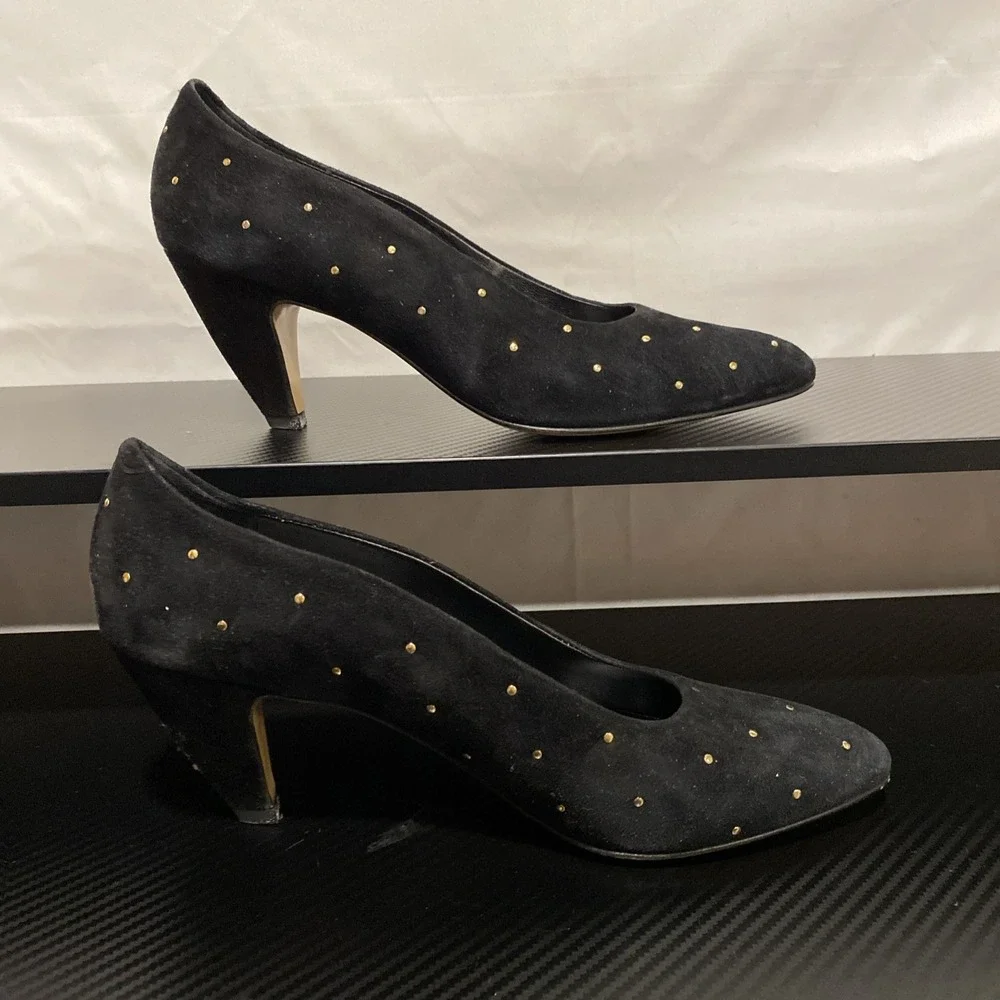 VTG Roberto Vianni For Neiman Marcus Tempo Suede Black Pumps Gold Studded Sz 8.5